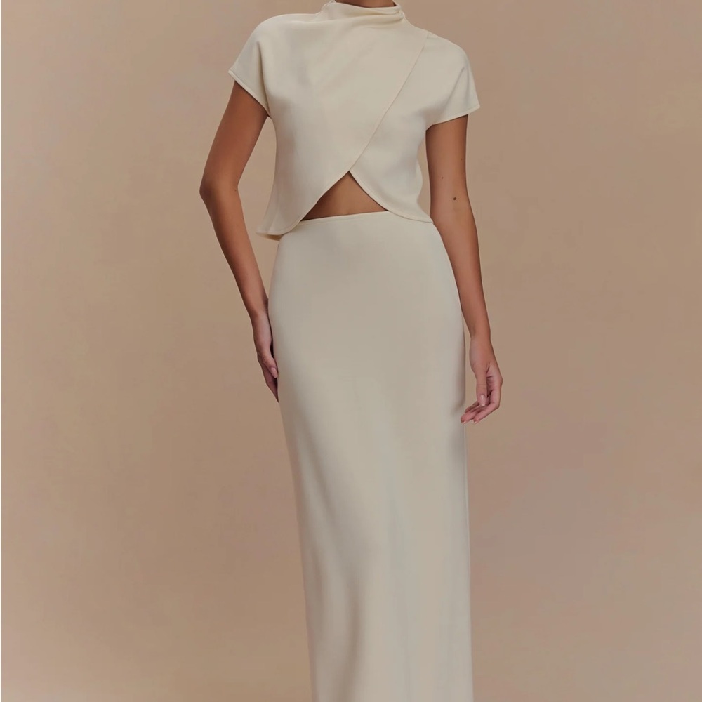 Meshki “eris scuba jersey maxi skirt & top in ivory